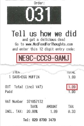 McDonals's UK Survey Receipt